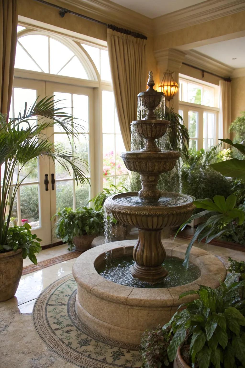 A water fountain introduces peace to a California room.