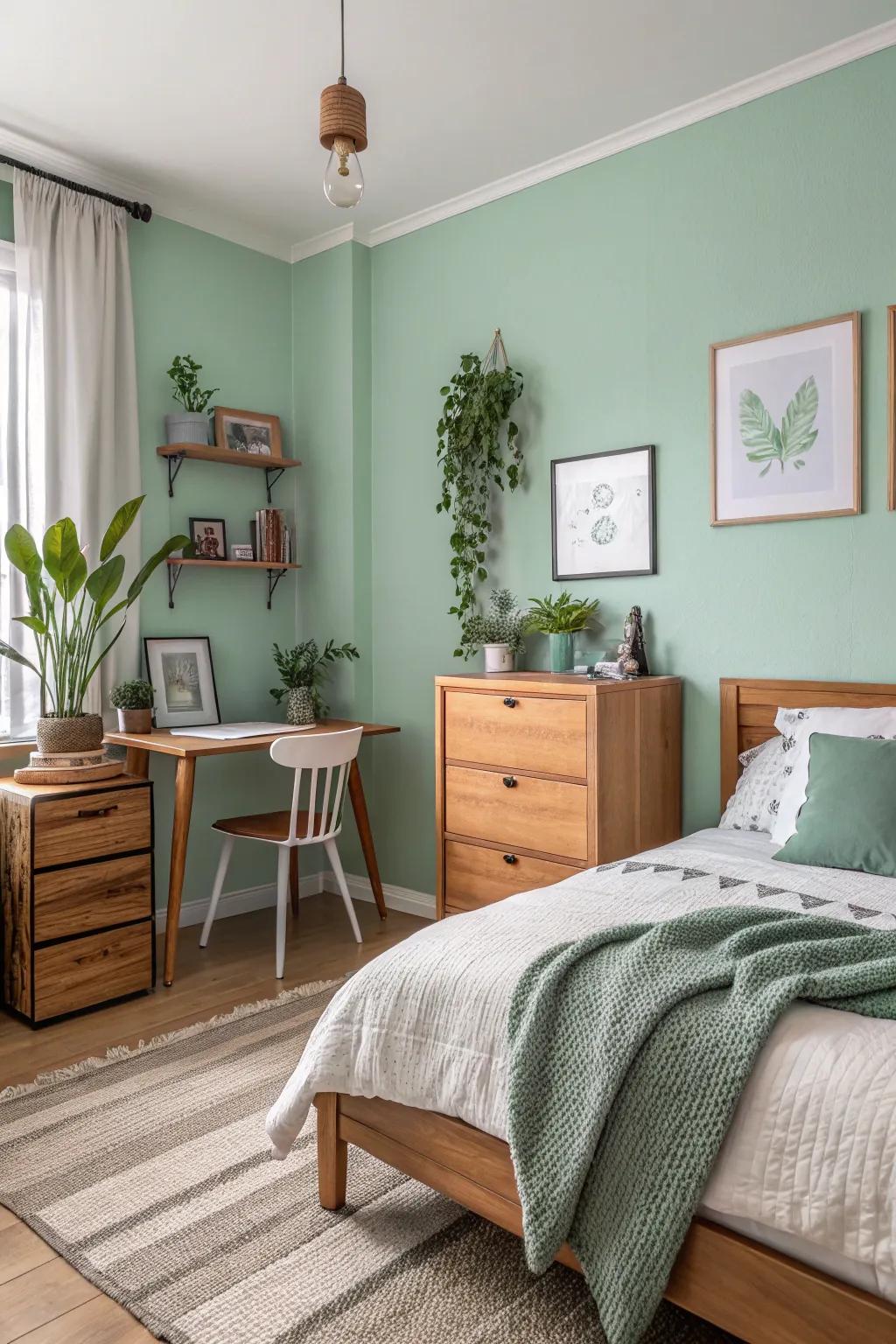 Mint green walls provide a crisp and fresh feel.