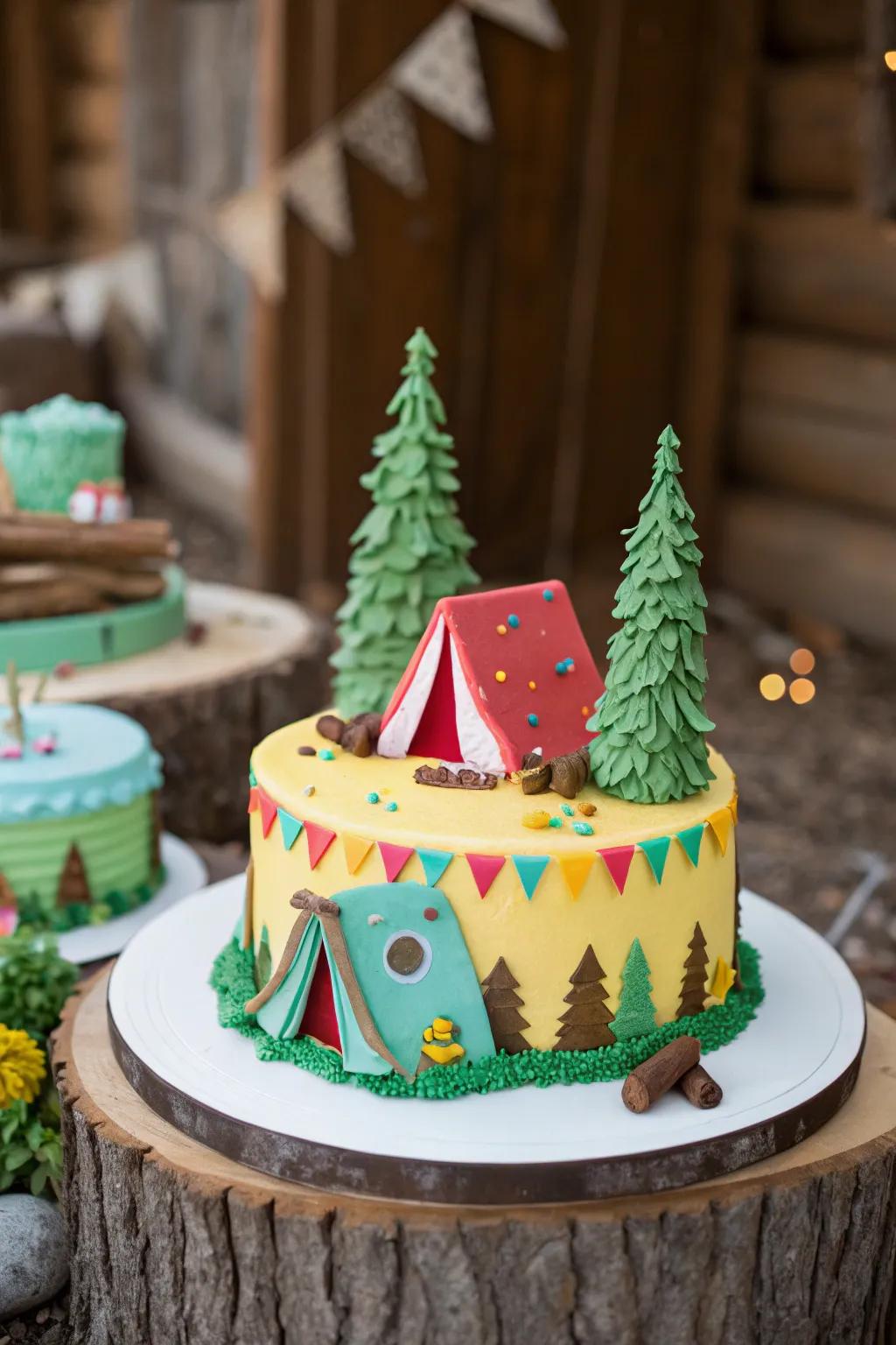 An exquisitely designed camping-styled birthday pastry.