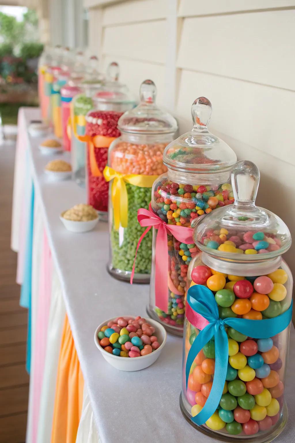 Fabric strips effortlessly bring together your candy buffet’s theme.
