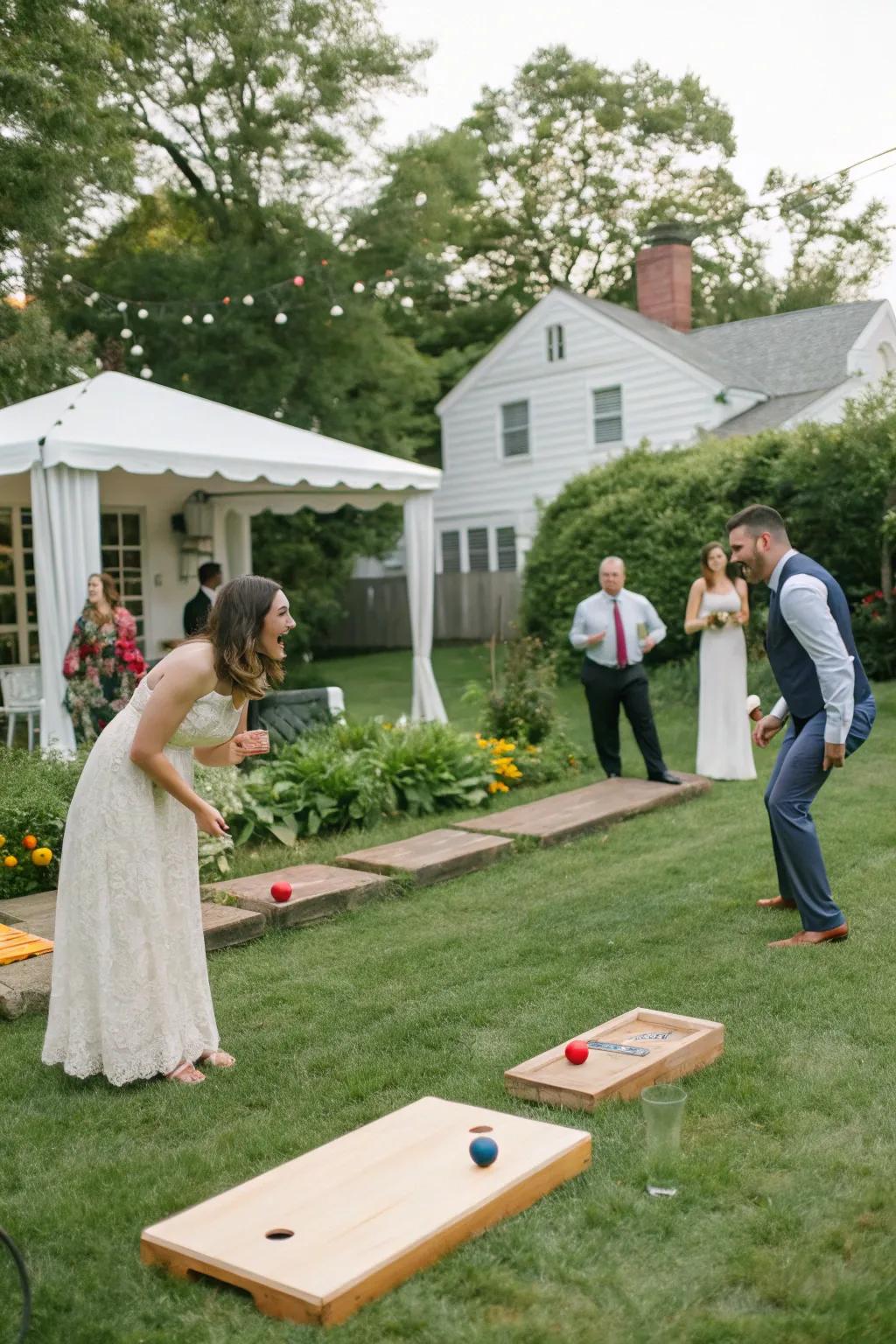 Participants reveling in interactive outdoor games at the wedding.