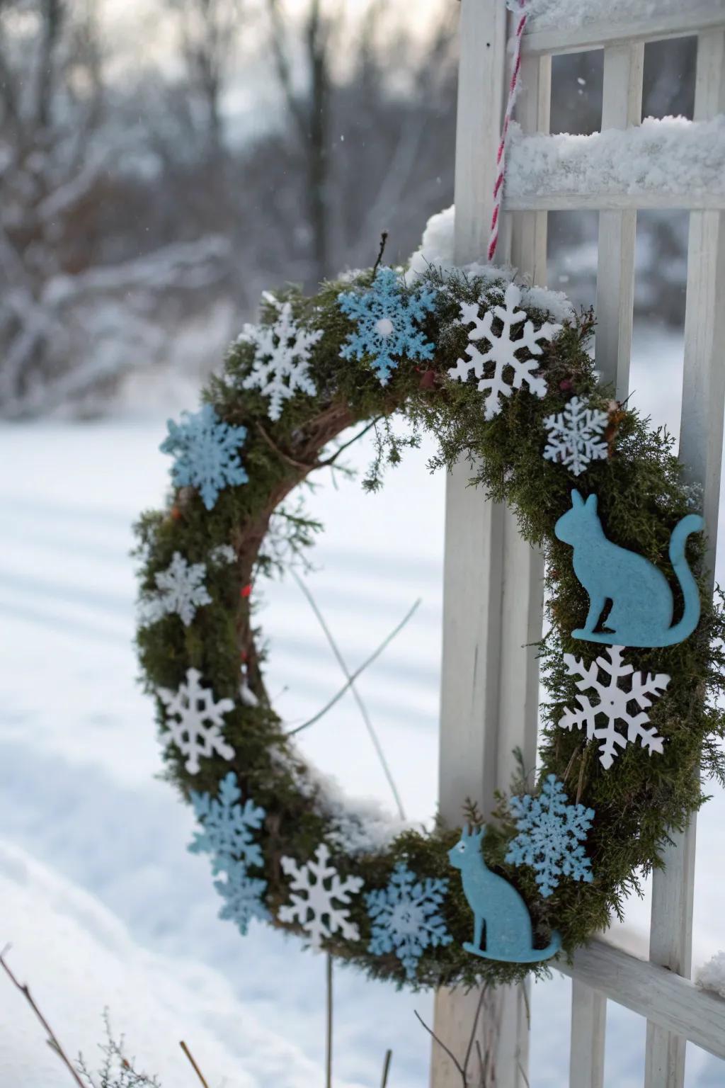 A seasonal glacial crystal feline wreath ideally suited for winter.