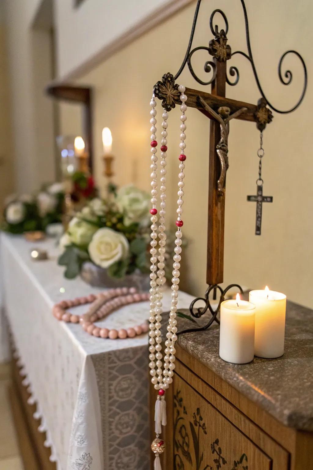 A beaded necklace display stimulates regular meditation and reflection.