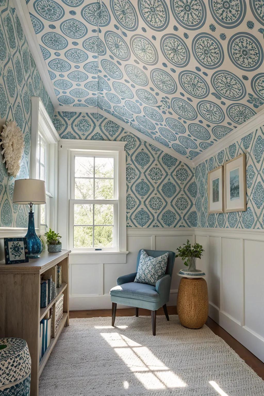 Wallpapered ceilings provide a distinctive texture and focal point.