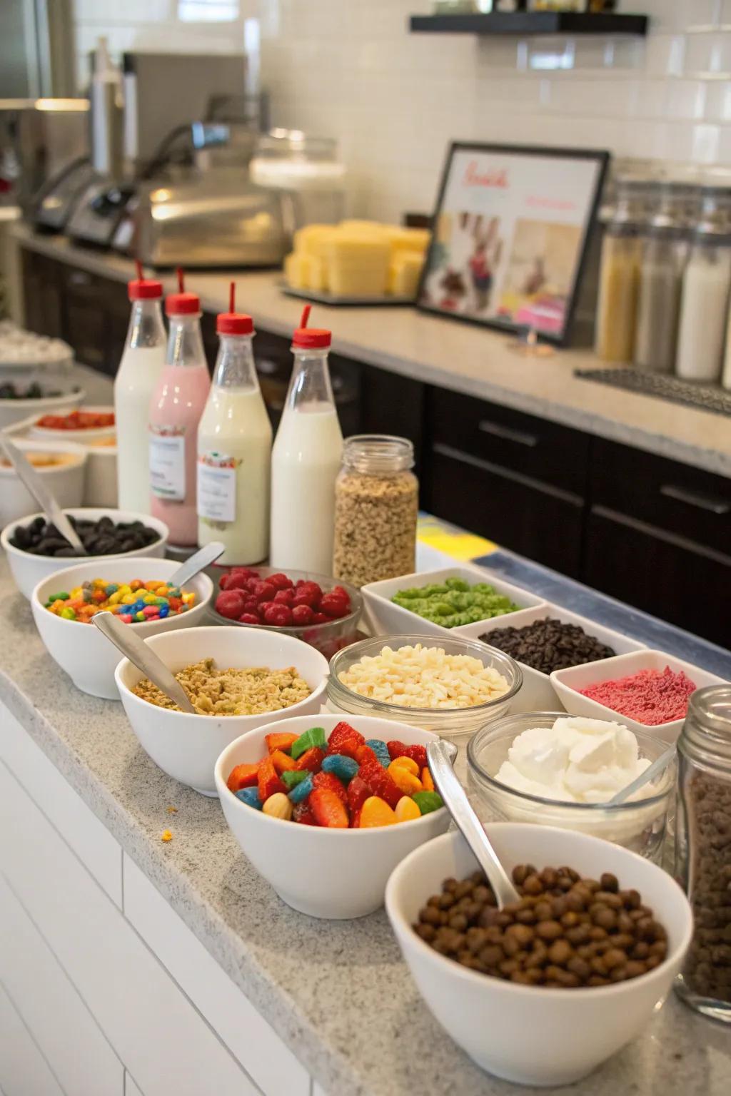 A bar showcasing ingredients for grains shakes and various enhancements.