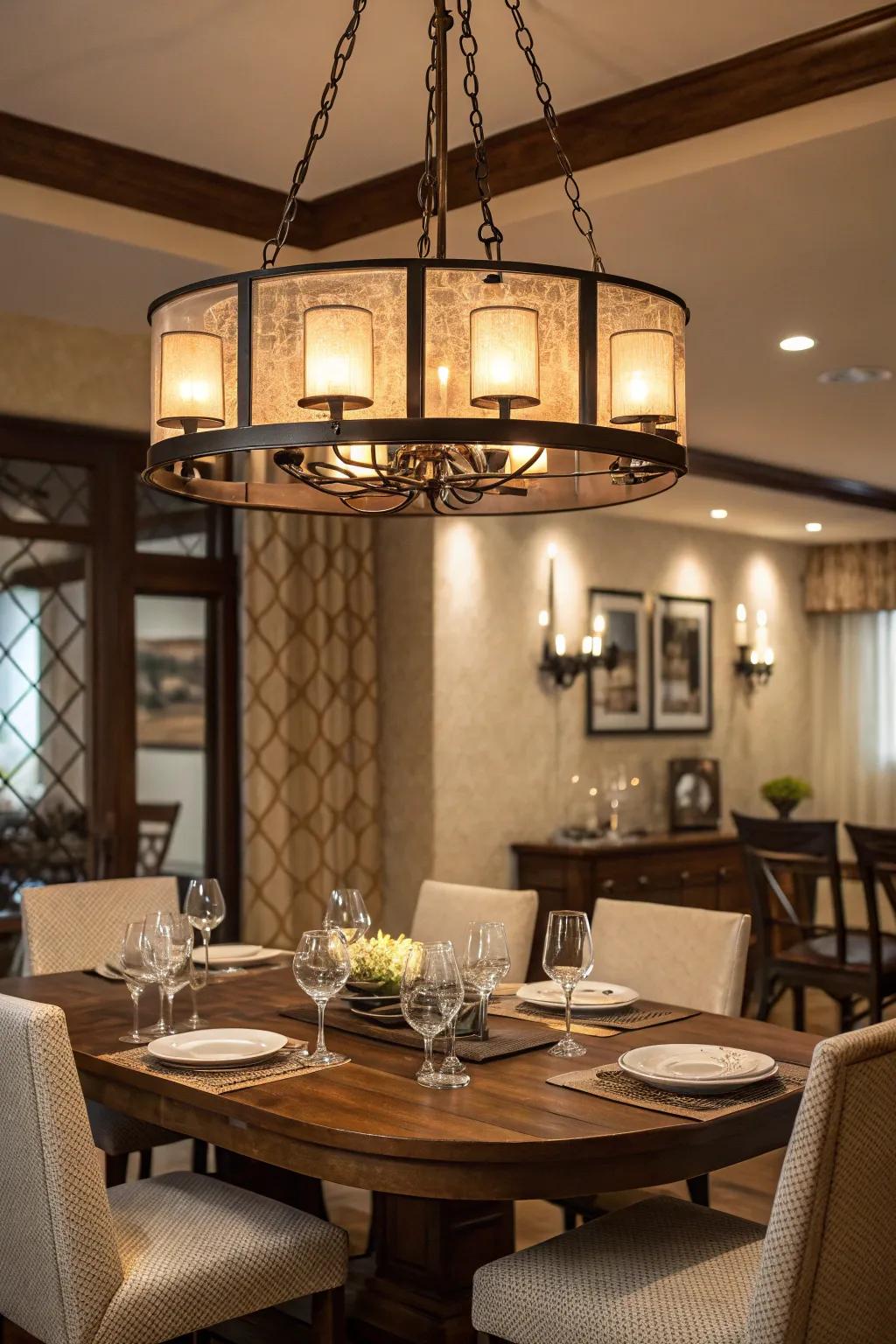 A chandelier with diffusers casts a soft, inviting glow.
