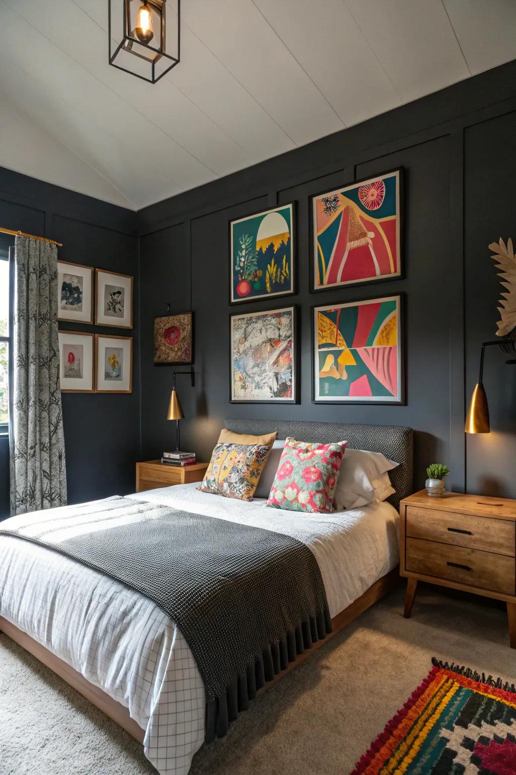 Strong creative art provides color and personality for deep slate walls.