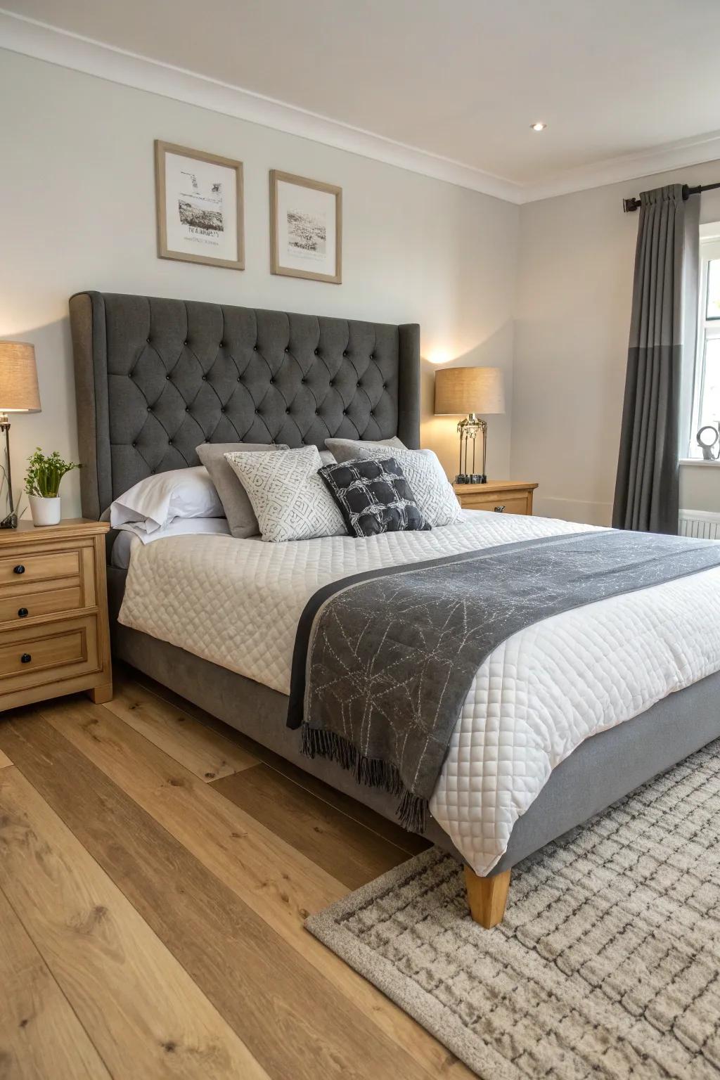 Radiant flooring contrasts magnificently with a charcoal grey headboard.