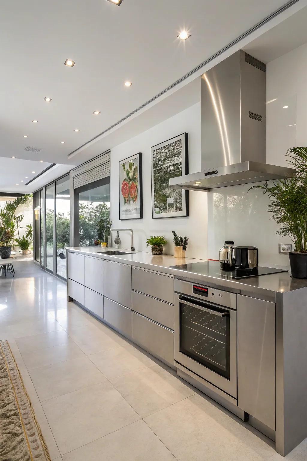 A contemporary kitchen highlighting streamlined stainless steel countertops.