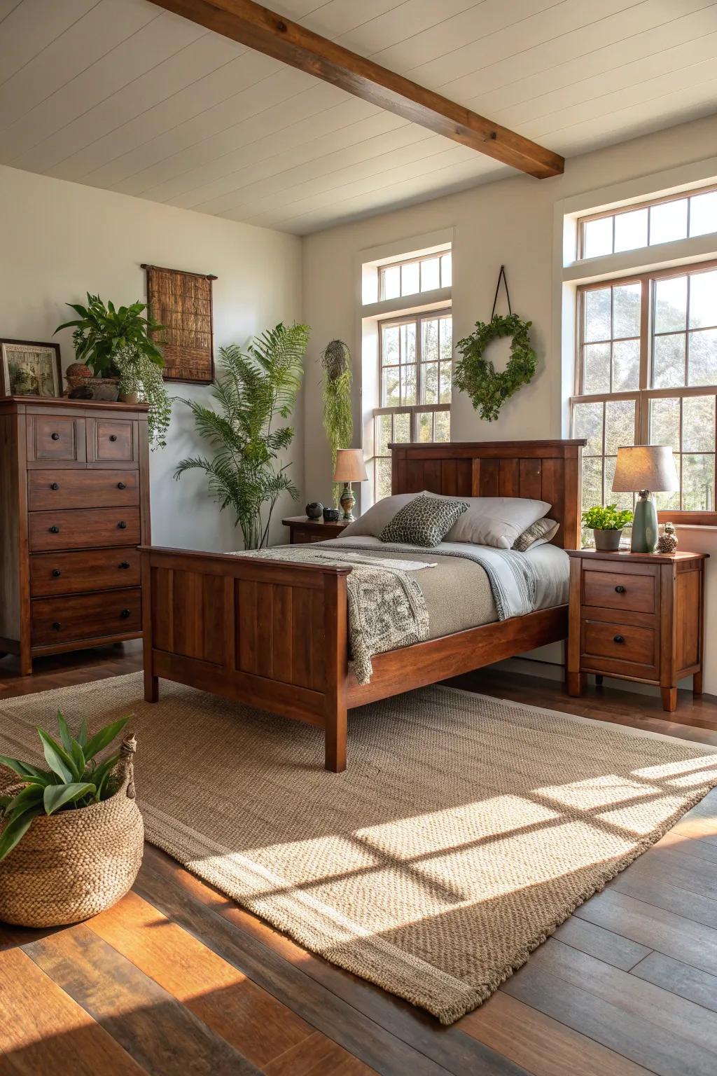 Raw elements enrich spaces designed around classic mahogany furnishings.