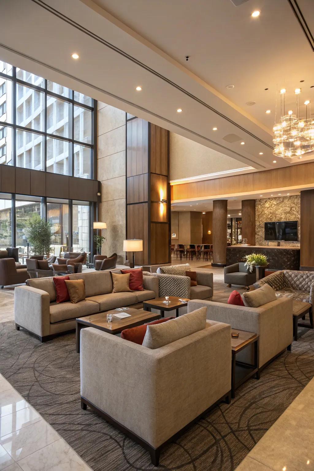 Open seating configurations inviting relaxation and conversation in the entrance hall.
