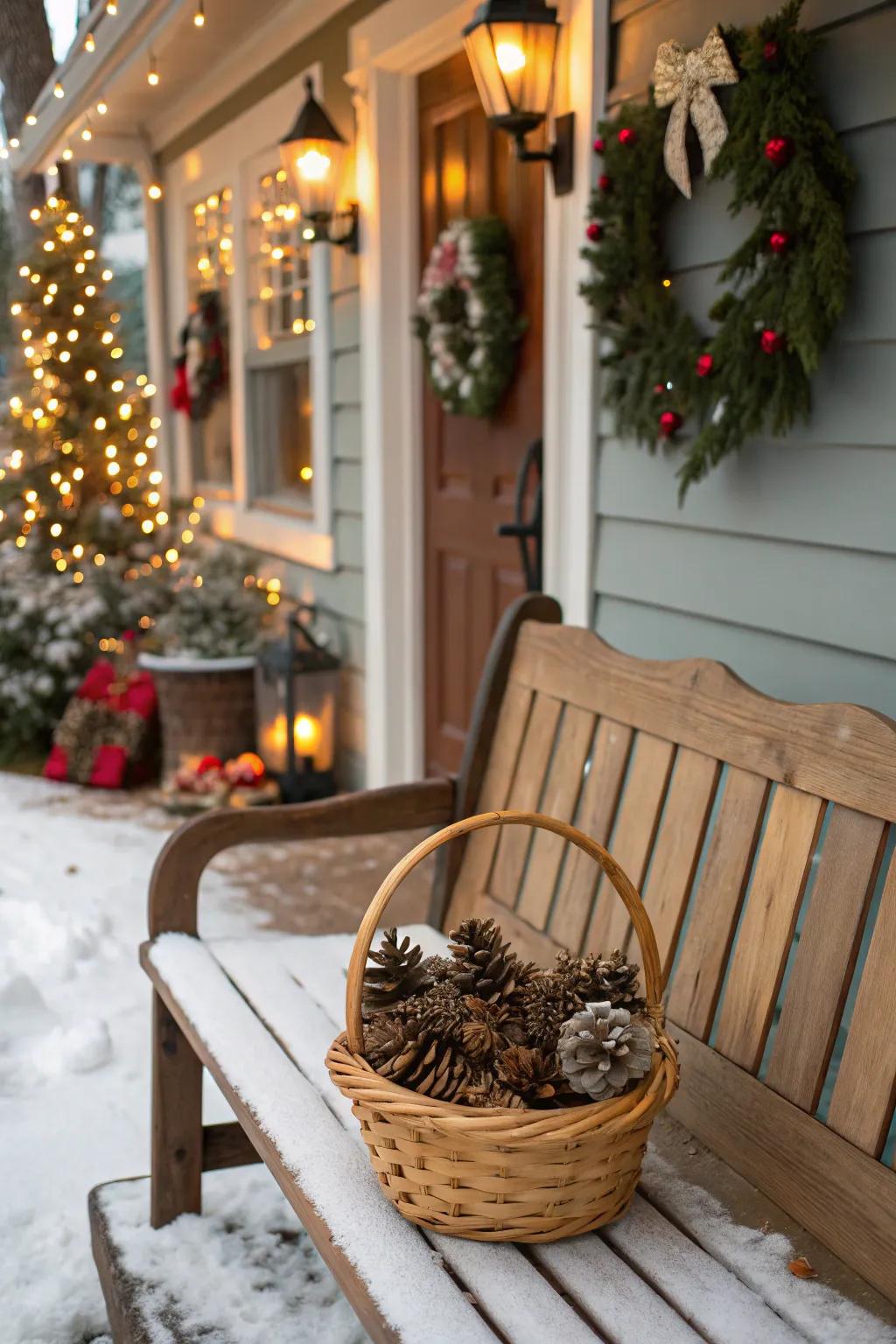 A basket of fir cones adds rustic charm to your décor.
