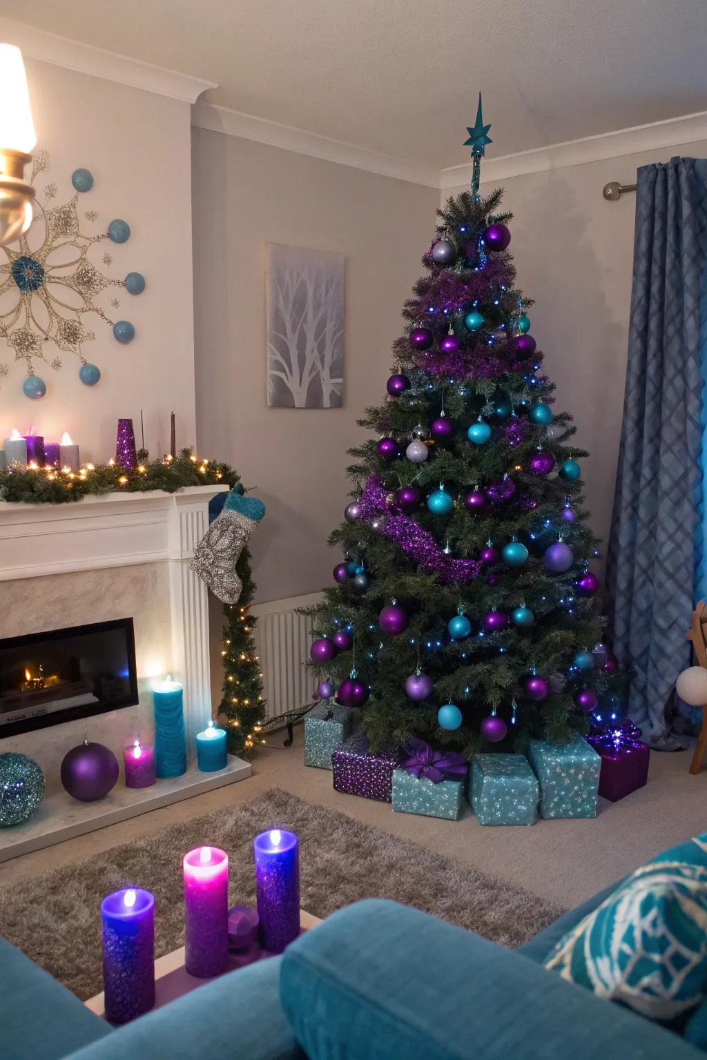 Unexpected hues infuse a contemporary touch into traditional Christmas decor.