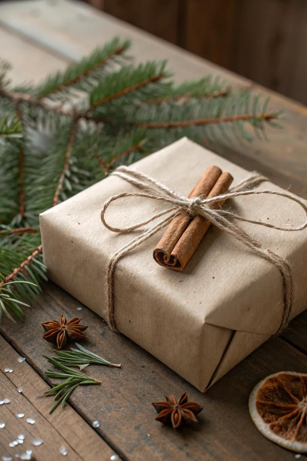 Aromatic and inviting gift presentation featuring cinnamon sticks.