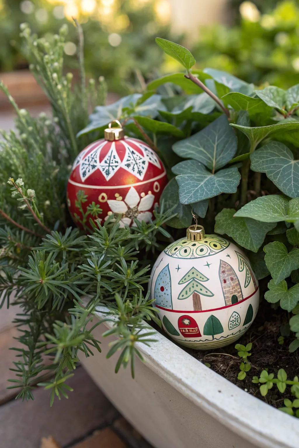 Ornaments incorporate a delightful and festive surprise into your planters.