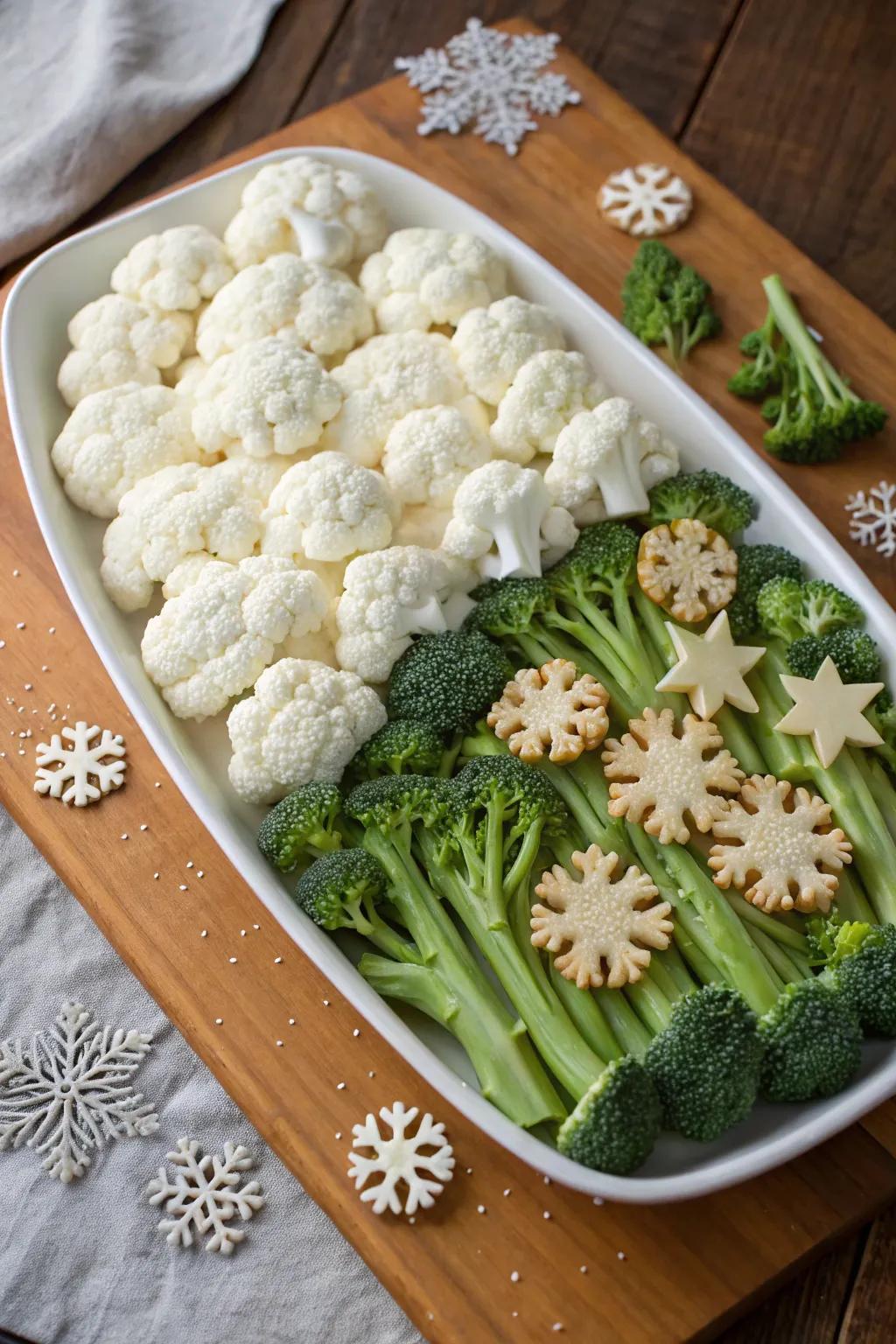 A winter wonderland veggie scene that transforms your table into a festive snowy landscape.