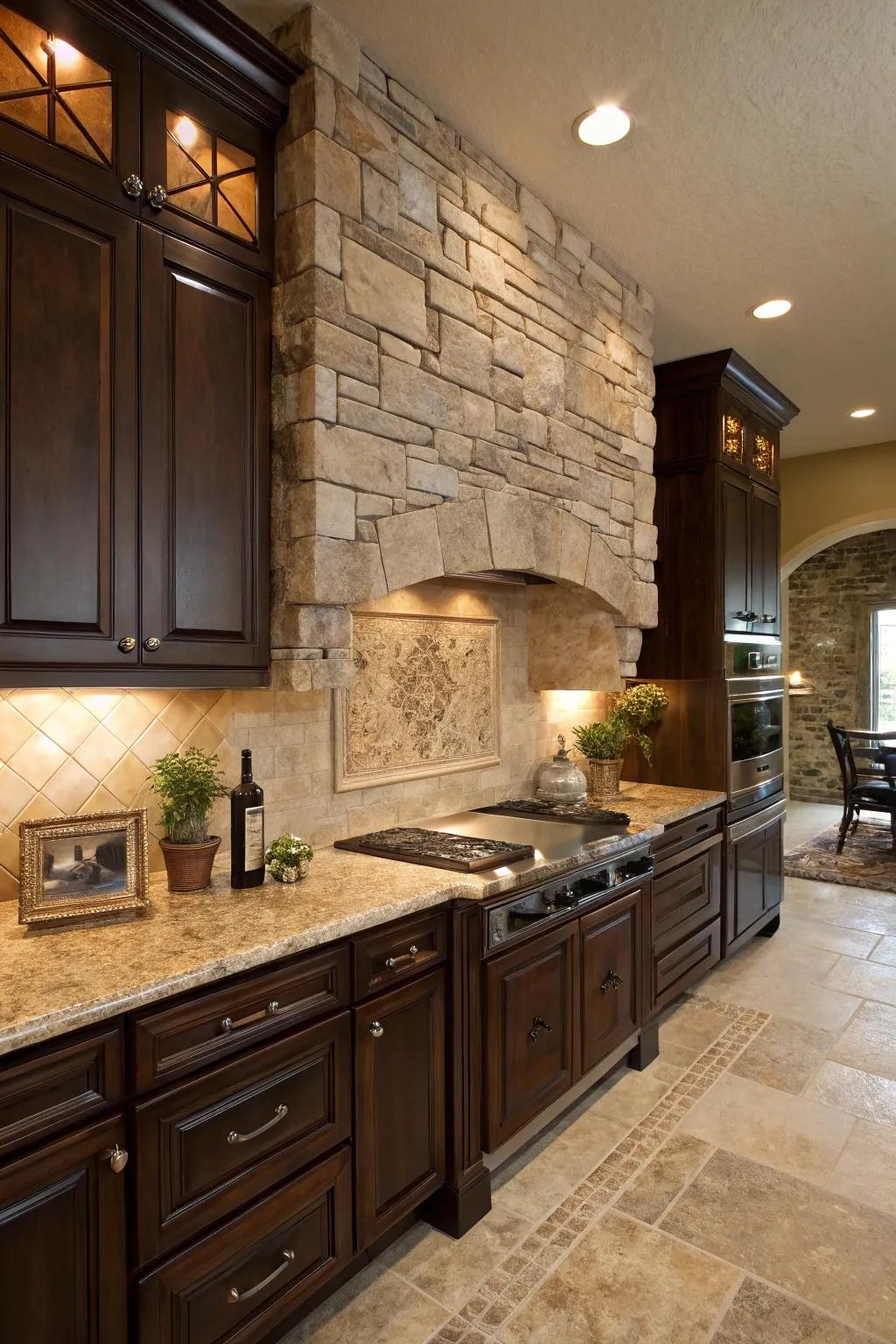 Inherent stone backsplash adds natural elegance to this kitchen.