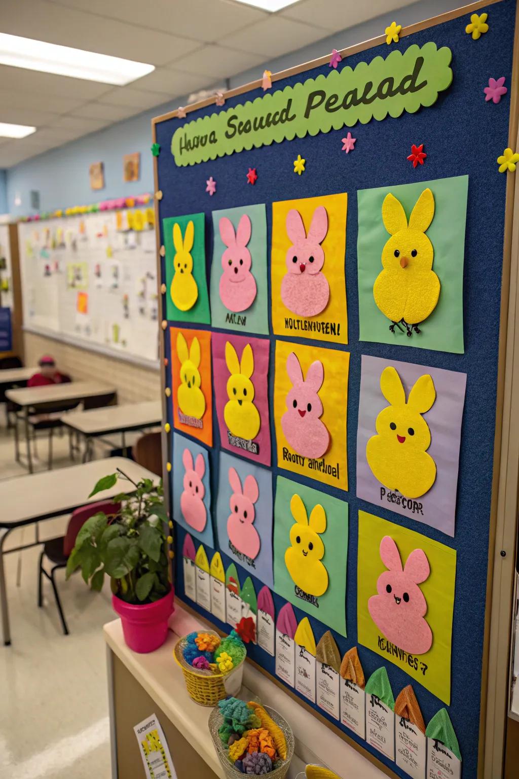A joyous marshmallow parade bulletin board in honor of Easter.