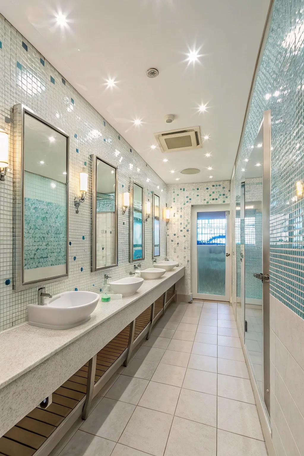A bathroom that has art that shines light, making it brighter and more spacious.