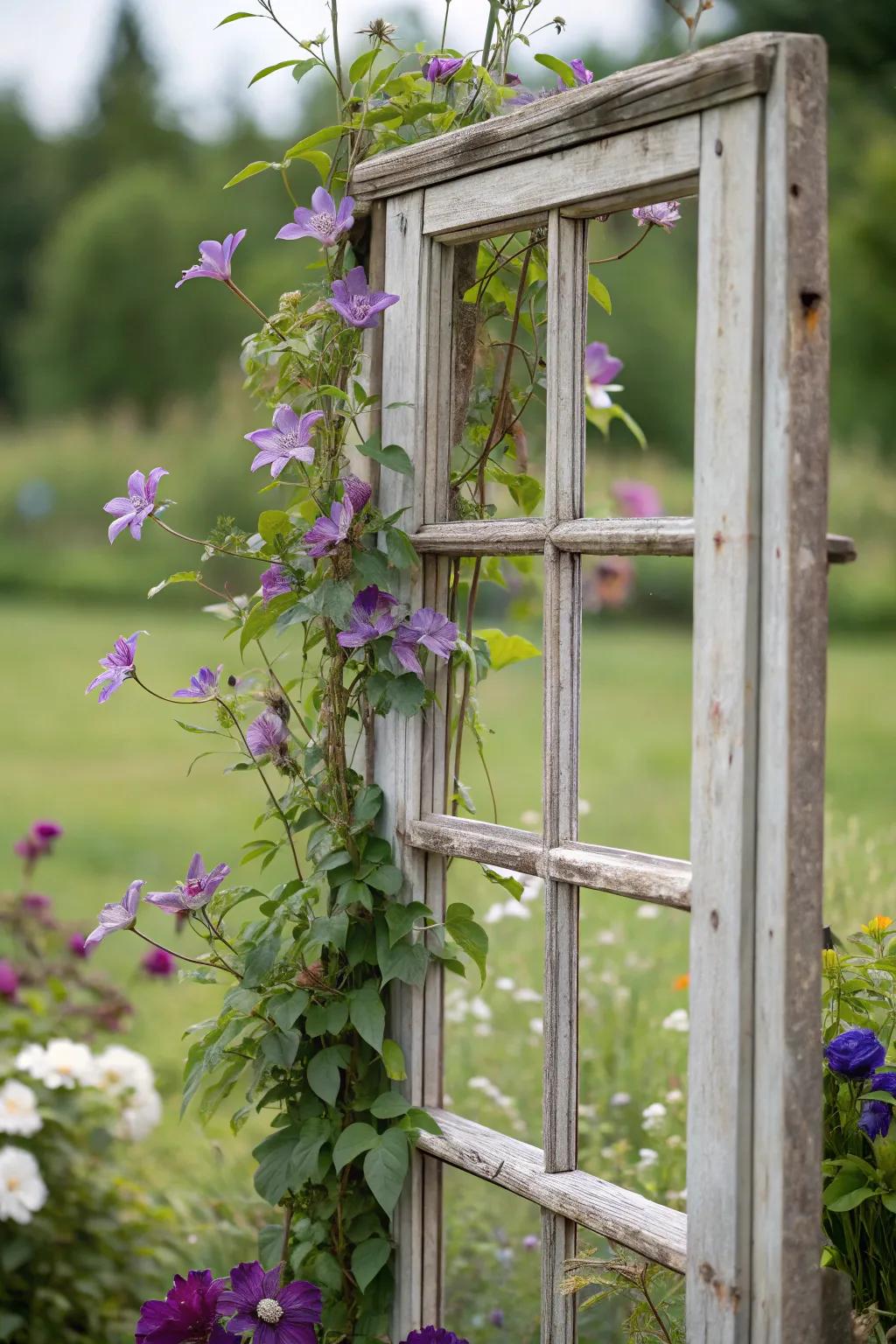 A reclaimed window casing offers a vintage setting for clematis.