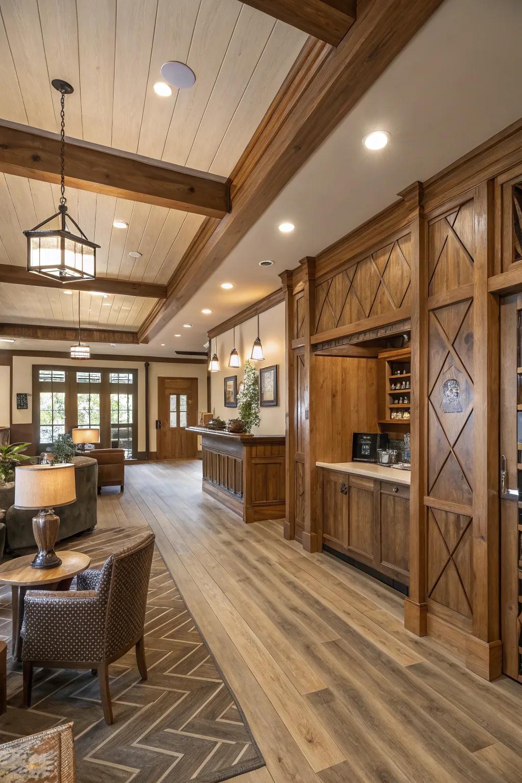 Blended timber finishes injecting depth across a clubhouse interior.