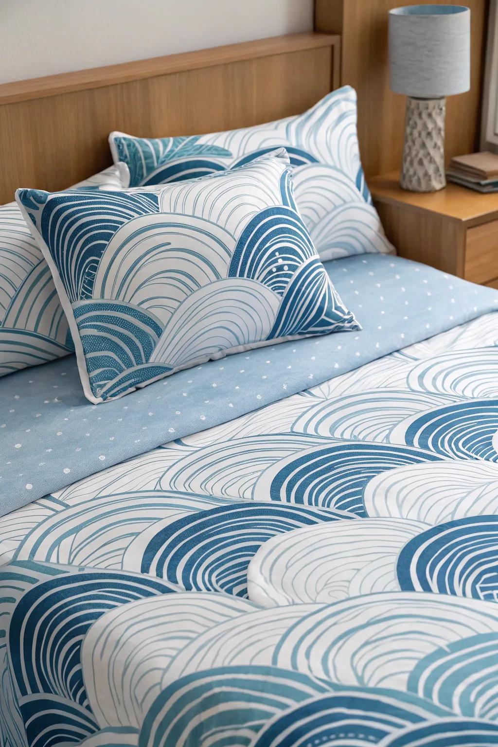Patterns that you don't usually see include a unique twist to beach-style bedding.