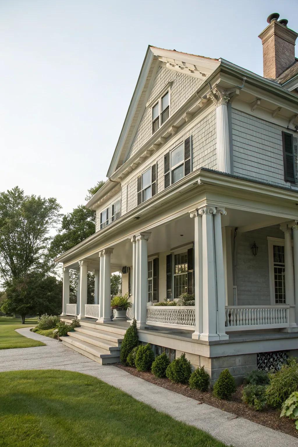 A colonial house with a gentle gray facade, accentuating its stucco-clad features.