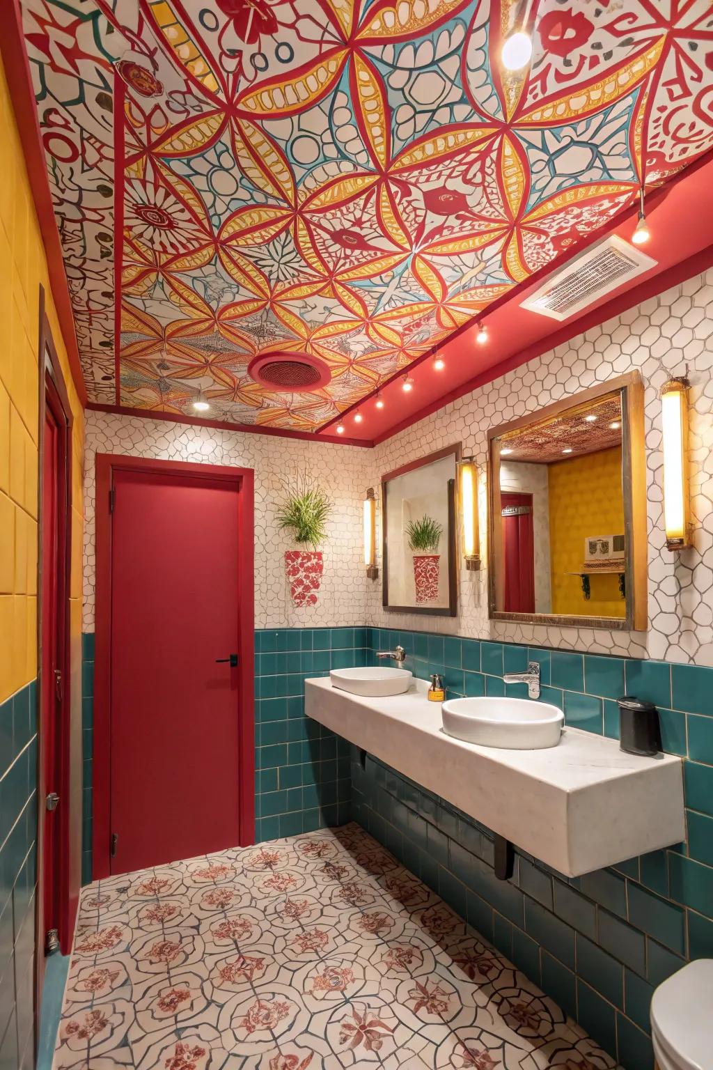 A bold patterned overhead injects a surprising twist into this guest bathroom.