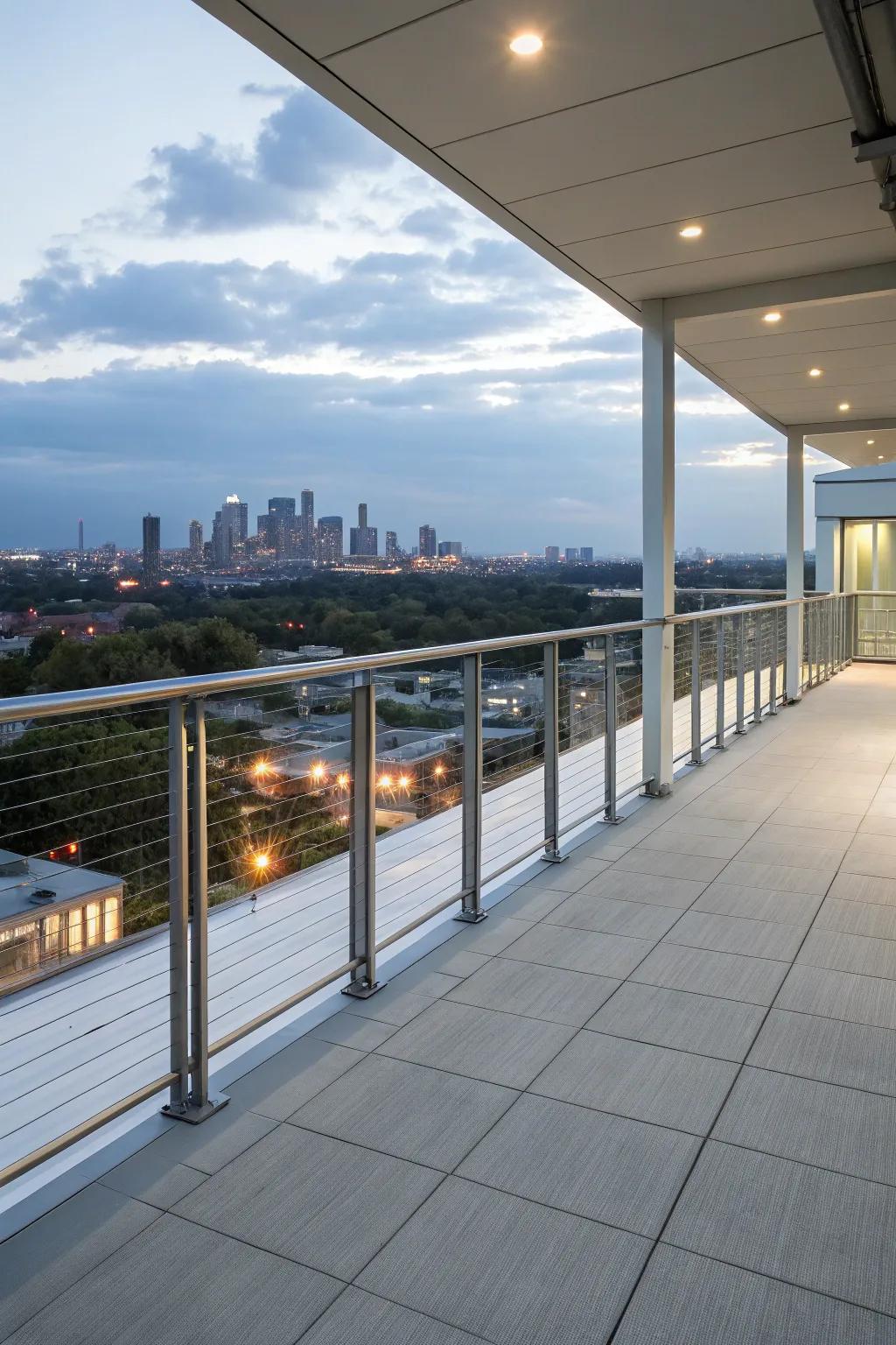 Minimalist borders on a rooftop deck preserve stunning skyline views.