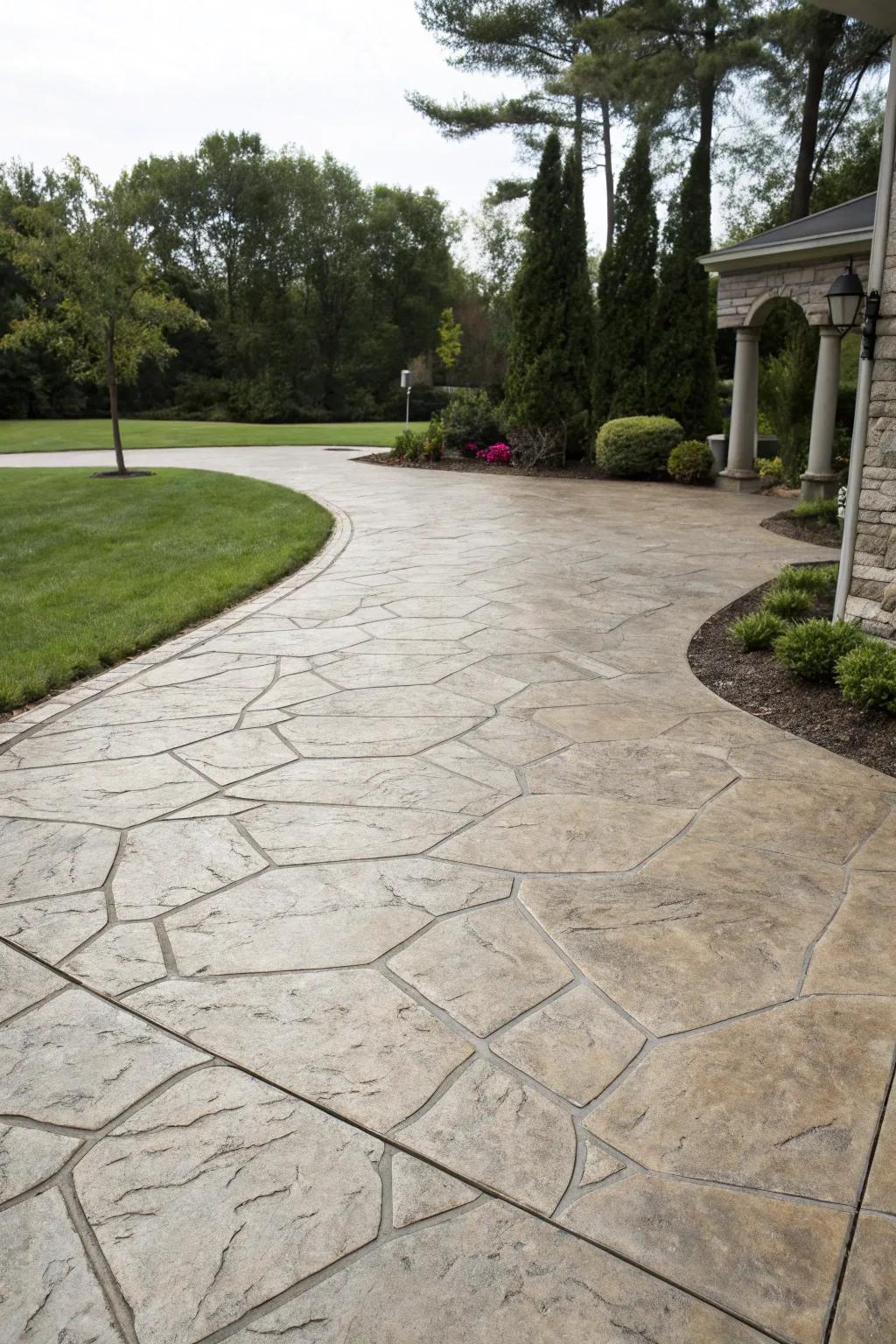 A driveway that captures the essence of natural stone through concrete, creating a timeless and organic ambiance.