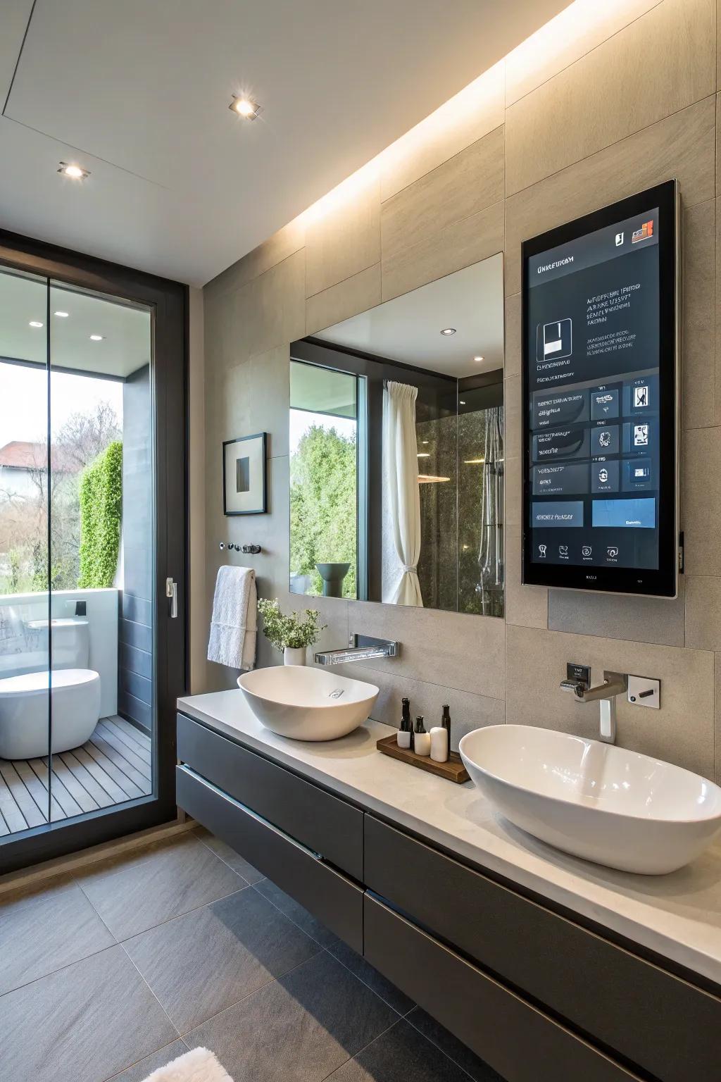 High-tech bathroom with smart reflector and heated floors.