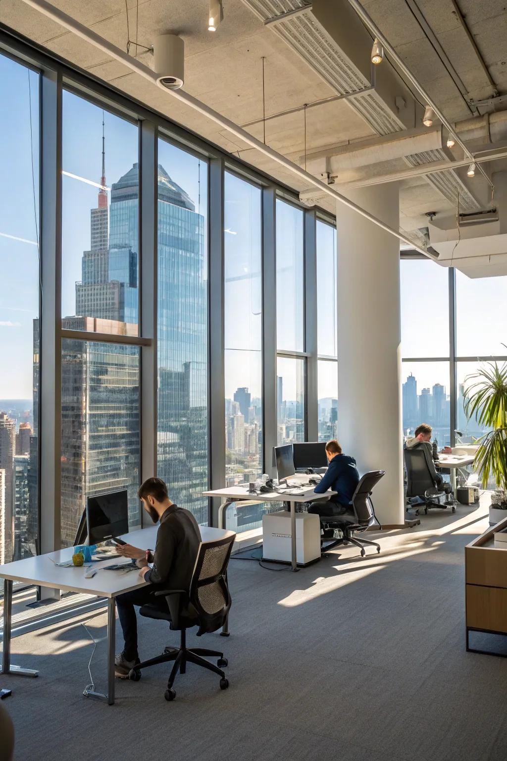 Office space filled with daylight from large windows.