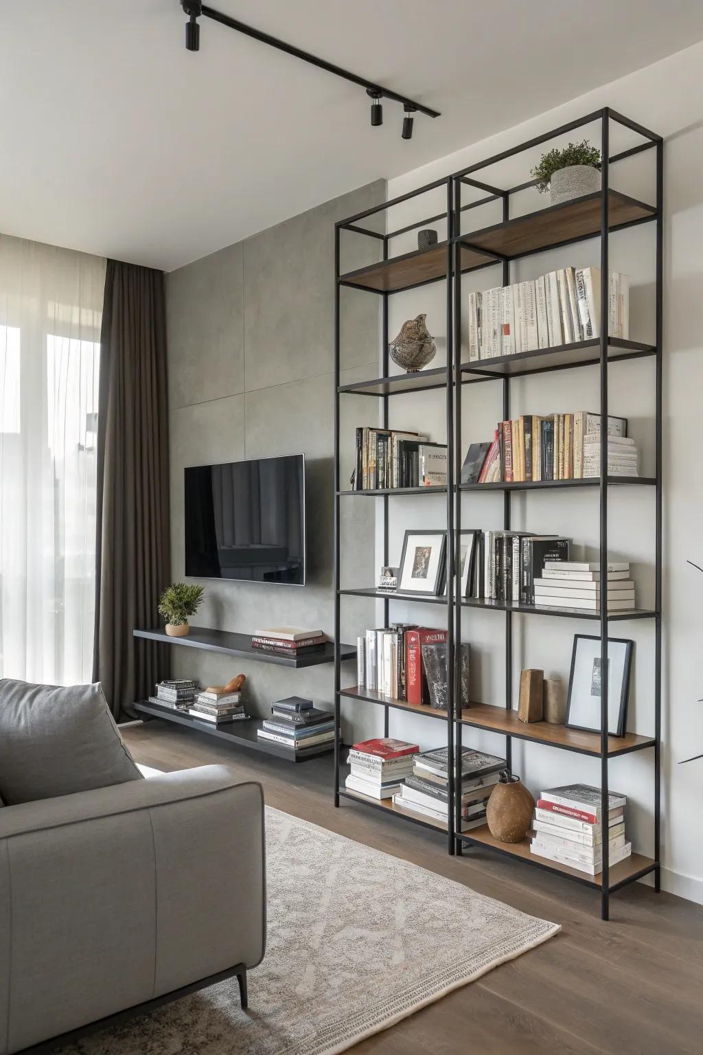 Metallic shelves introduce a refined, minimalist appearance.