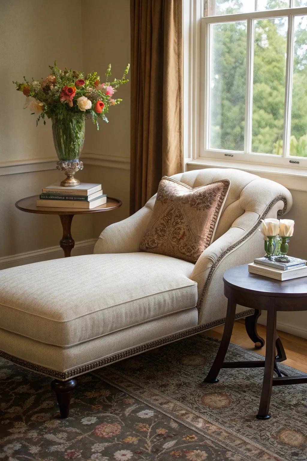 A chaise lounge offers a stylish and comfy seating option for the corner.