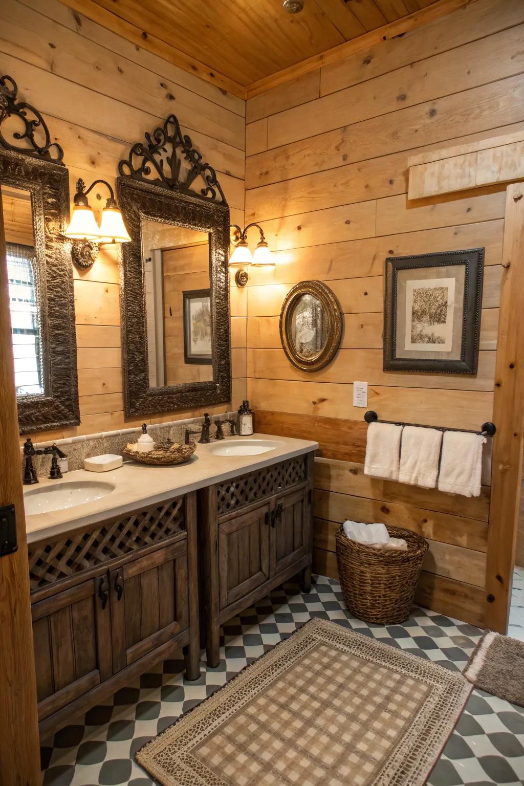 Vintage mirrors add depth and refinement to this country bathroom.