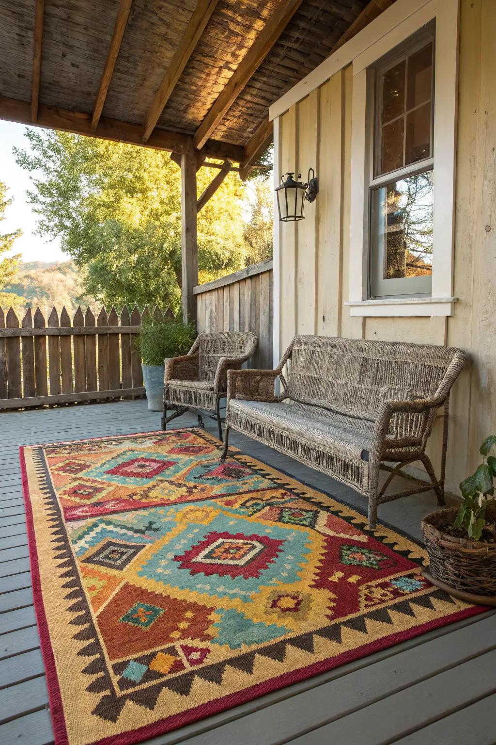 An outdoor rug adds pattern and warmth to your porch.