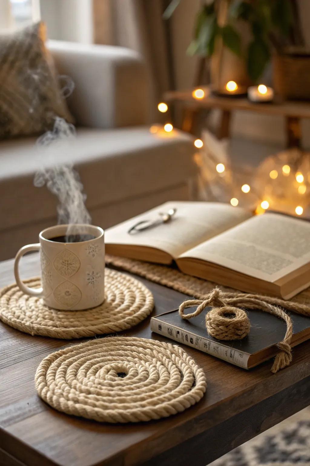 String coasters add a sprinkle of raw elegance.