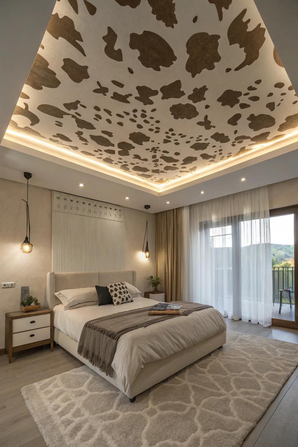 Cow print on the ceiling adds a surprising and dynamic element.