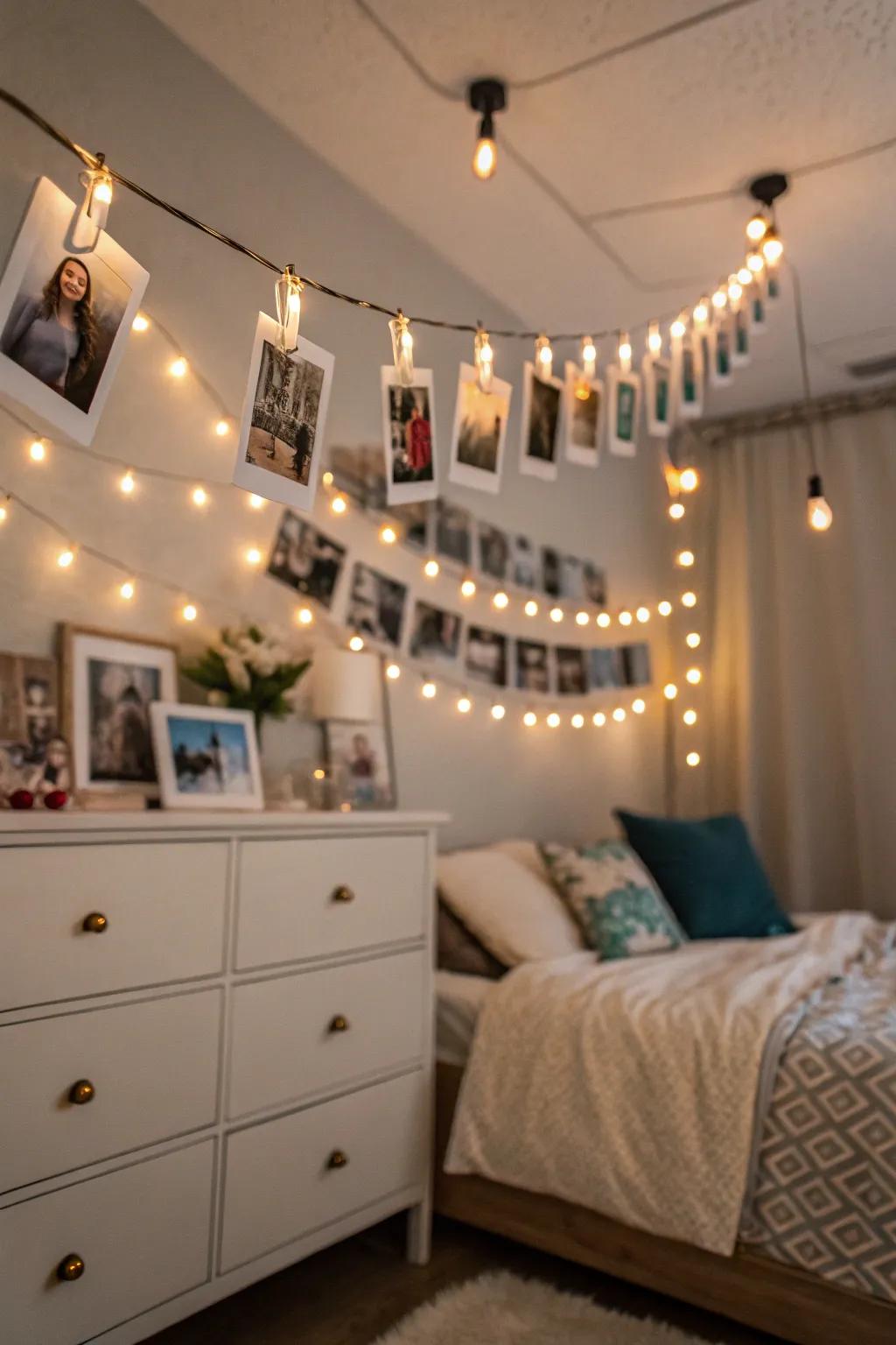 Fairy lights with photo clips displaying photos.
