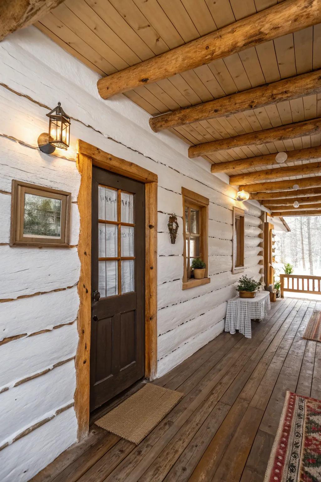 Whitewashed walls offer a bright, modern twist to a traditional log cabin, enhancing the sense of space and light.