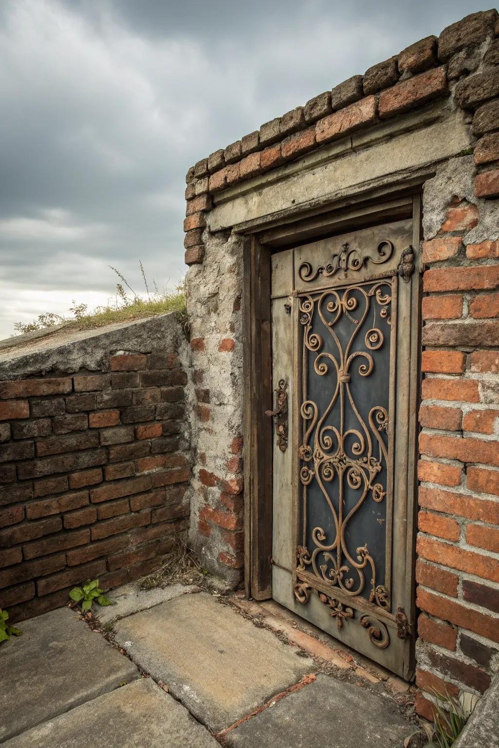 Ornate metalwork enhances the ornamental appeal of basement entryways.