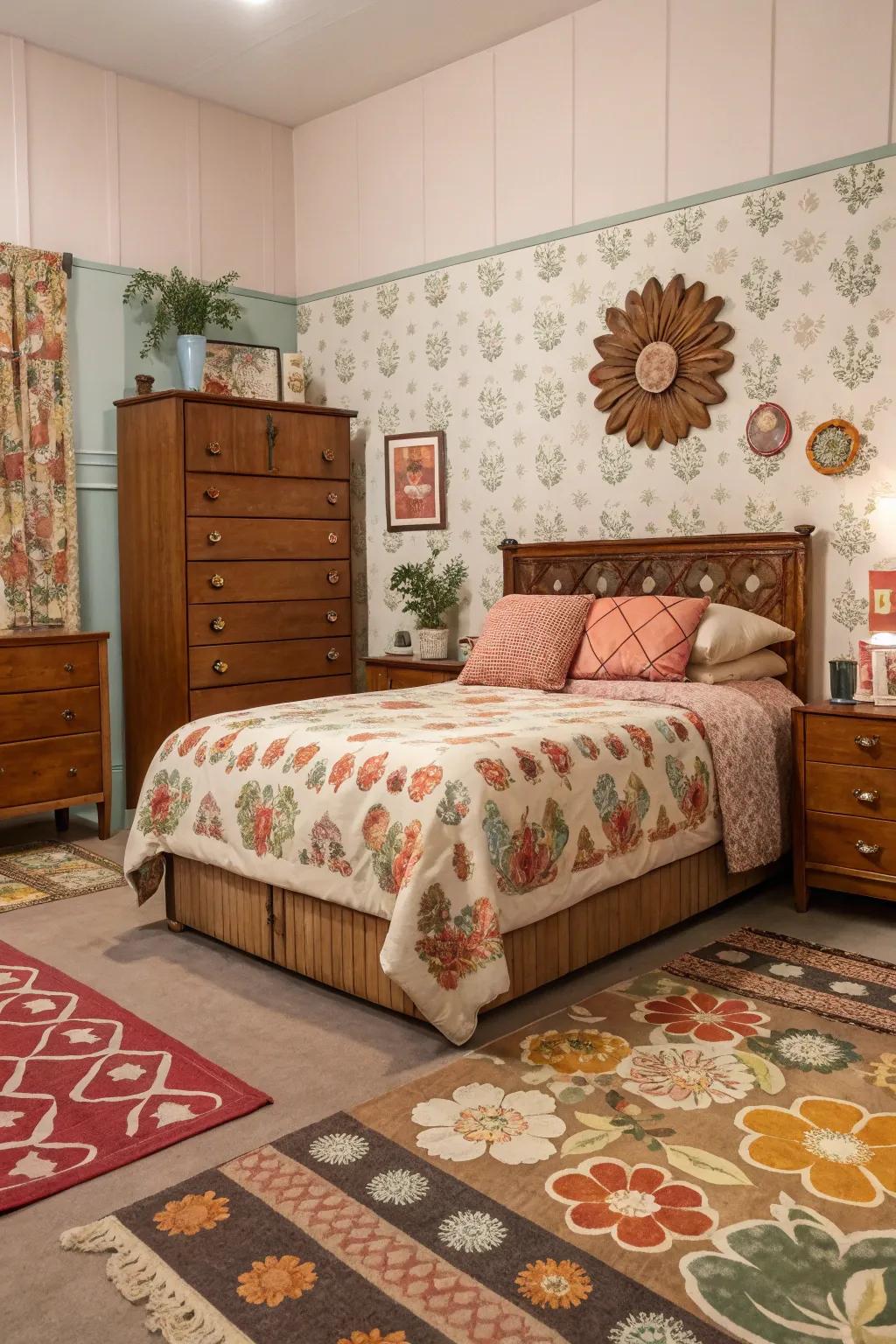 A retro-inspired bedroom featuring vintage elements and striking designs.