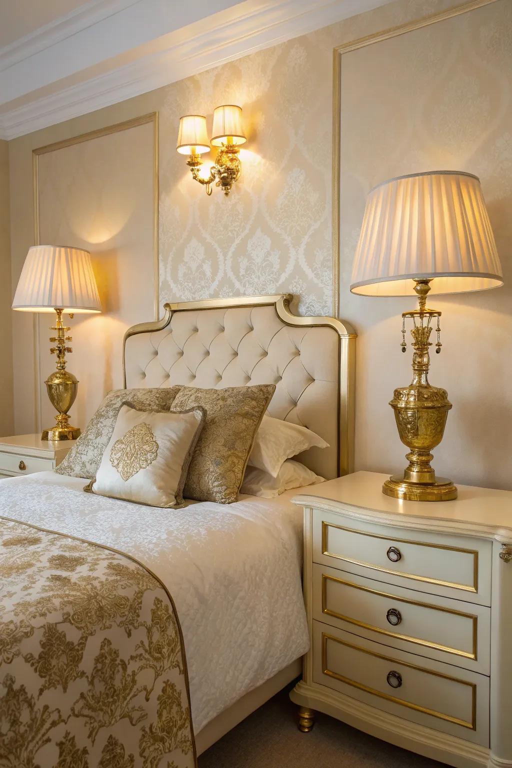 Gilt illumination fixtures heighten the room's opulence and warmth.
