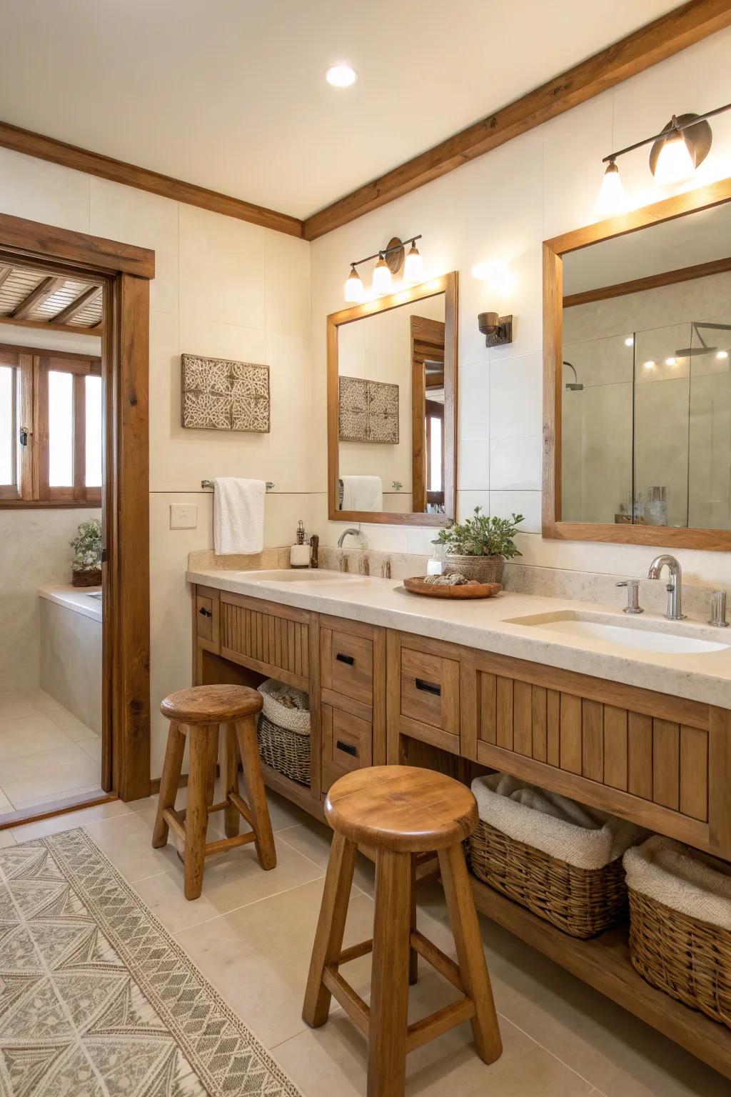 Wood features add warmth and texture to this creamy bathroom.
