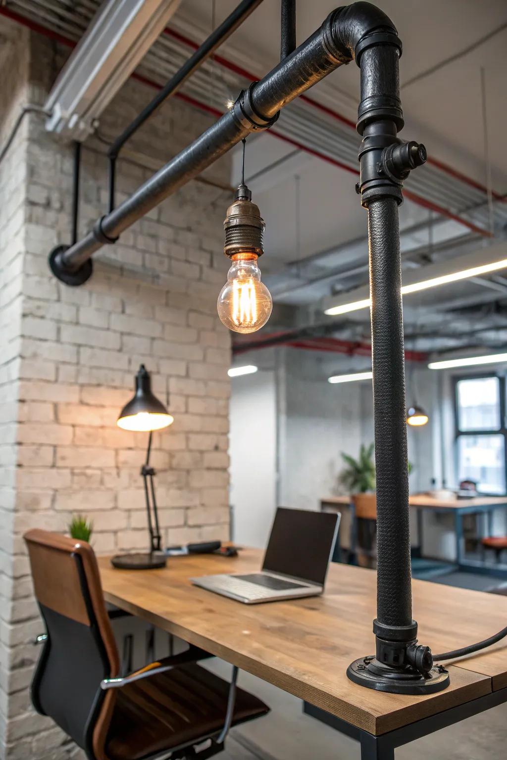An industrial pipe lamp enhances the modern aesthetic of a home office.