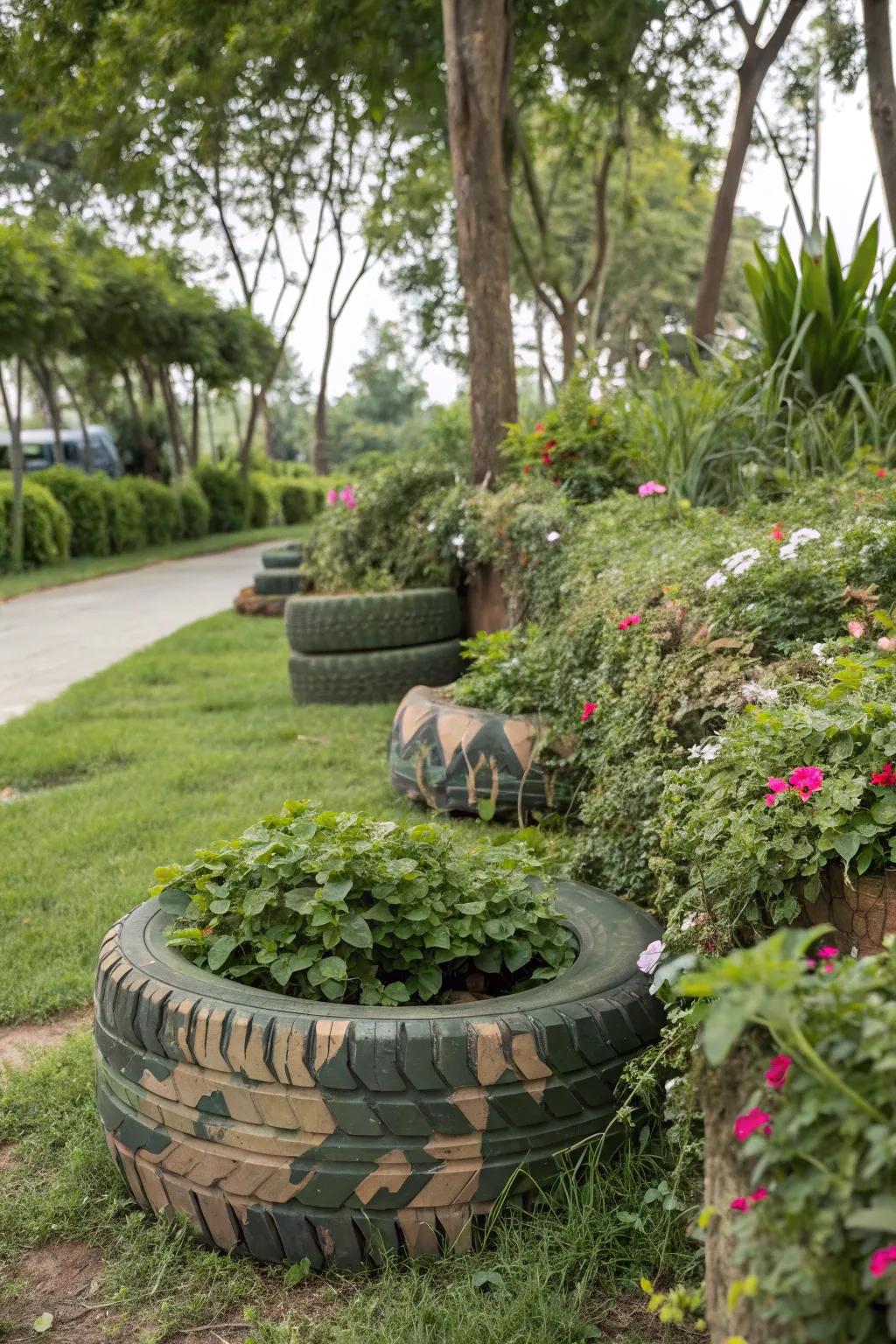 Subtle camouflage tire planters integrating with the garden.