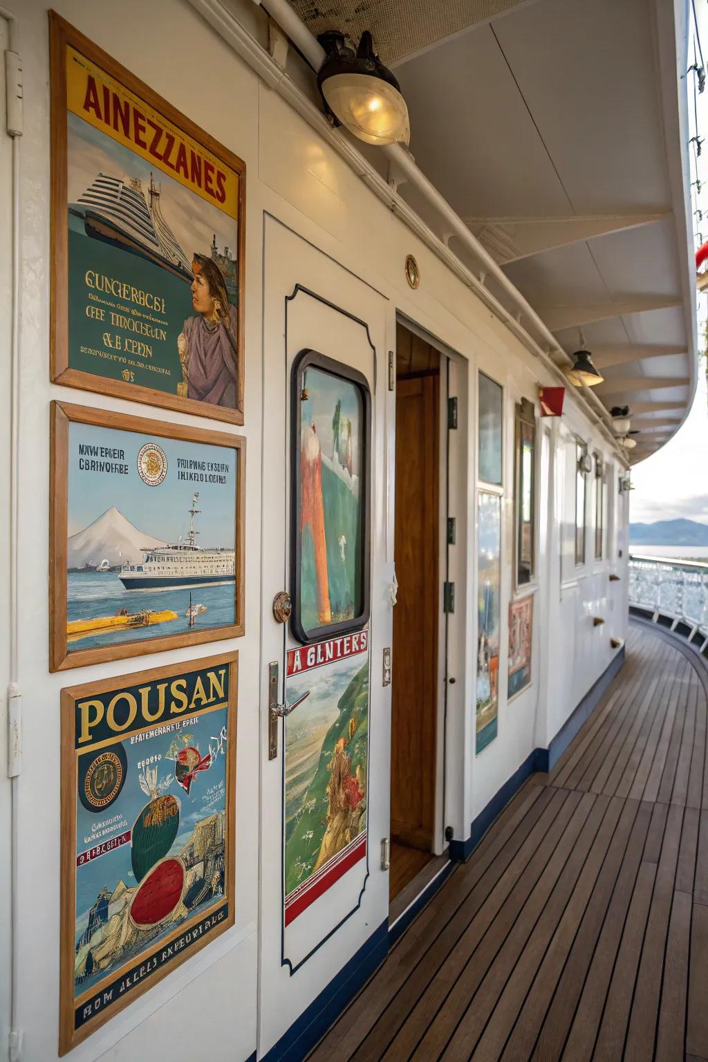 Journey back in time through retro-themed cruise door decorations.