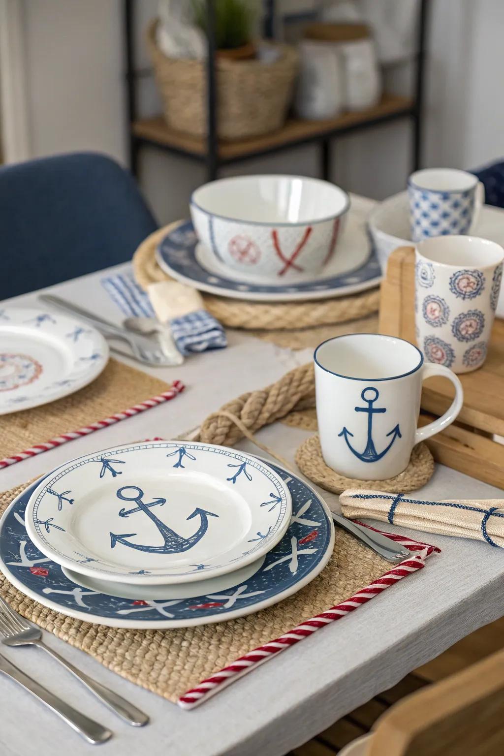 Seafaring dinnerware unites the theme.