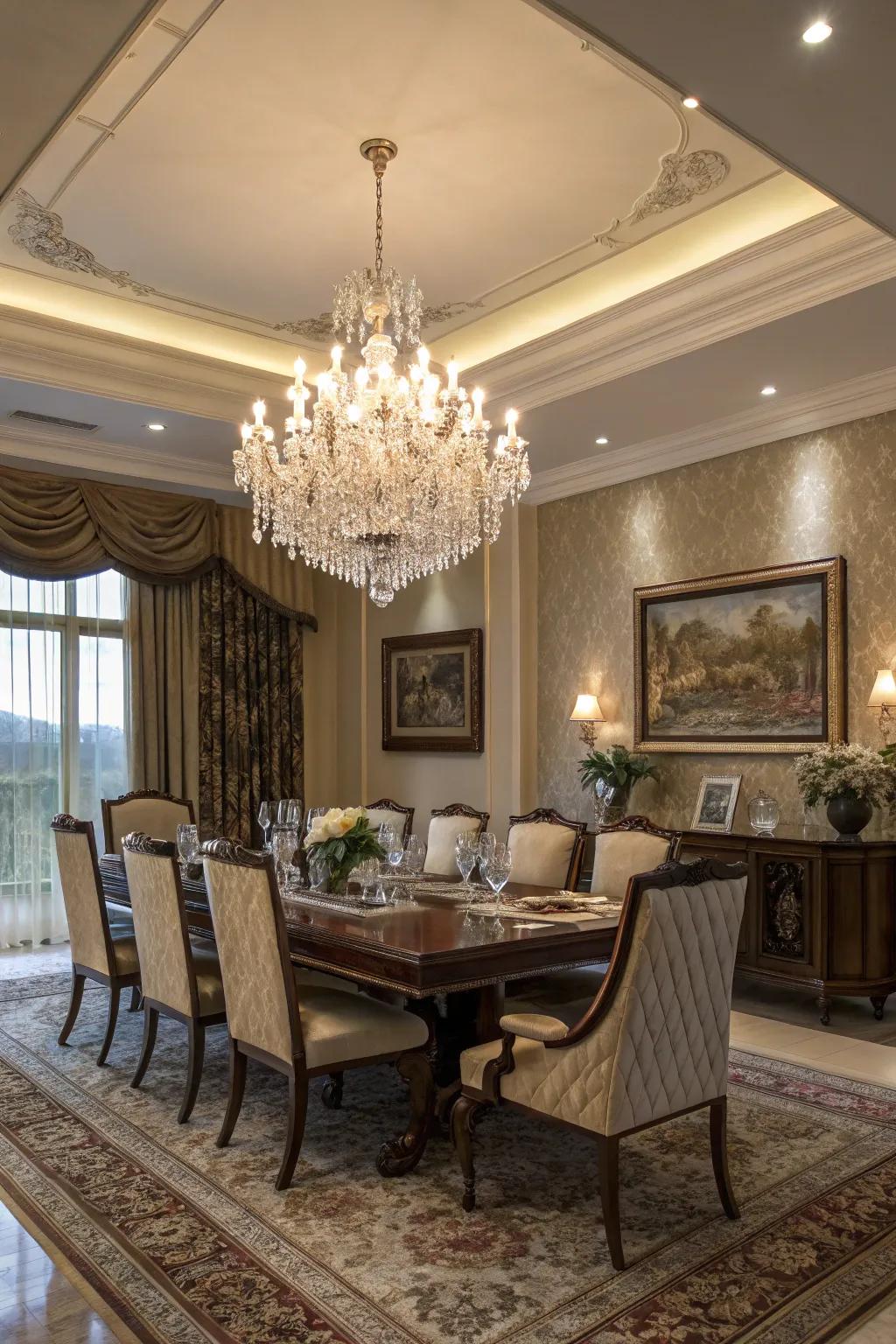 A shimmering light fixture adds an elegant sparkle to your room.