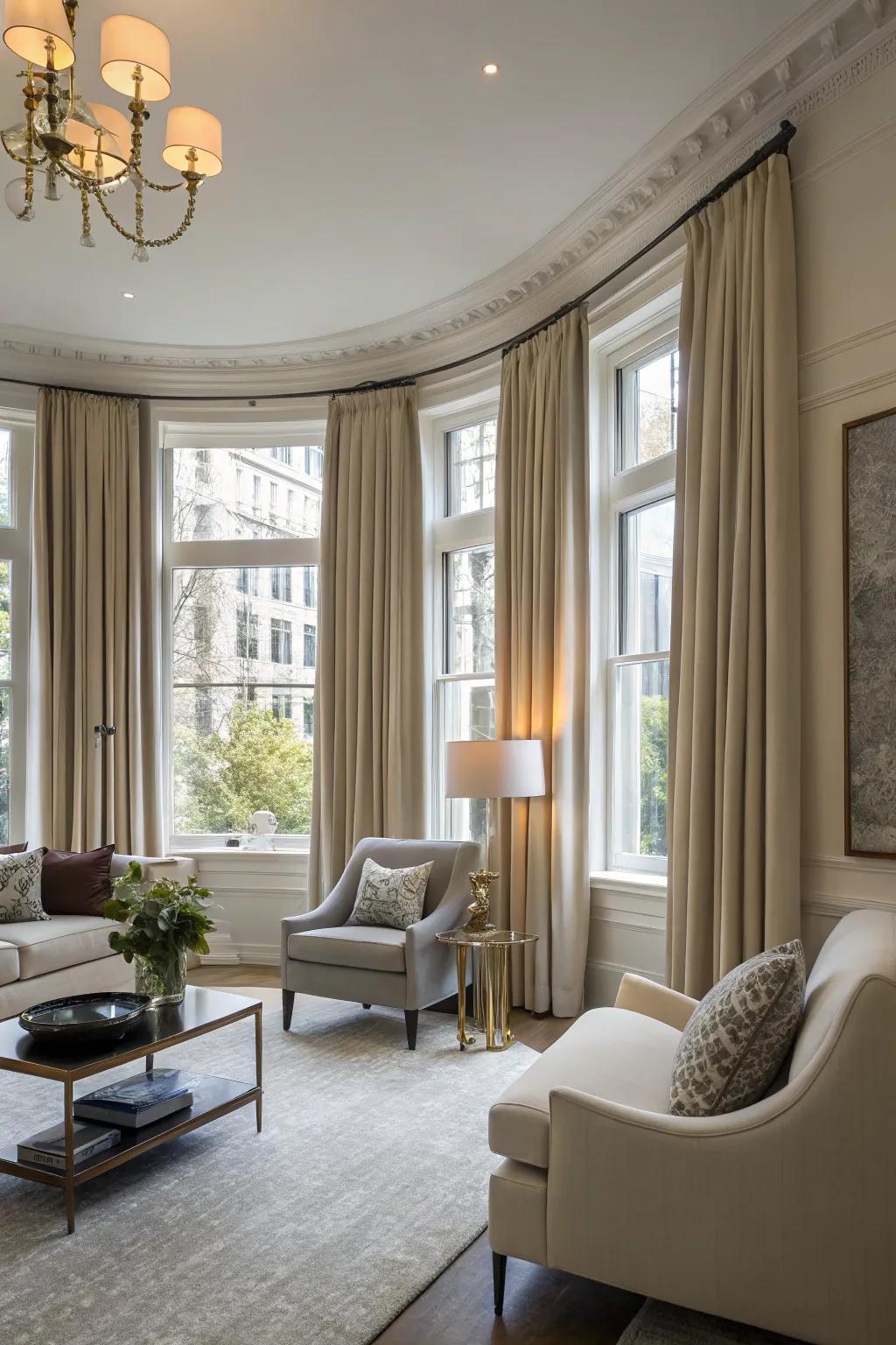A continuous rod creates a streamlined and unified window design.